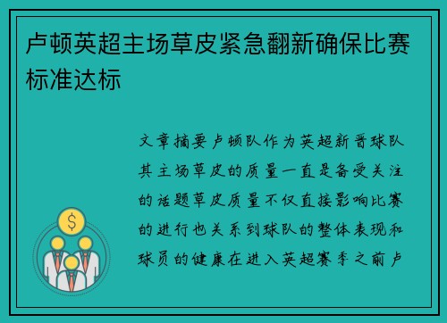 卢顿英超主场草皮紧急翻新确保比赛标准达标