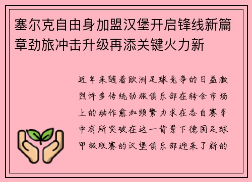 塞尔克自由身加盟汉堡开启锋线新篇章劲旅冲击升级再添关键火力新